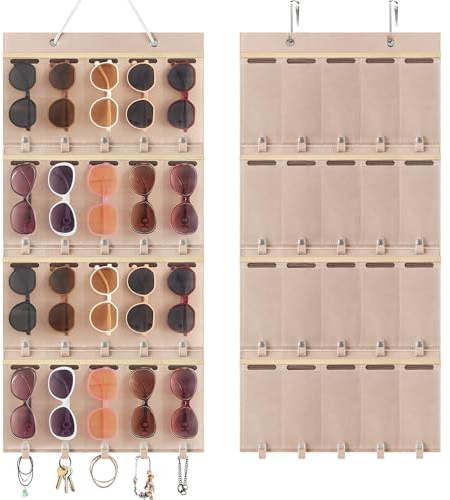 Enbagold Sonnenbrillen Organizer Sonnenbrille Aufbewahrung 20 Slots, Brillenhalter Wand Hänge Sonnenbrillenhalter Staubdichter Filz Sonnenbrille Lagerung mit 2 Häkchen, Brillen Display - Beige