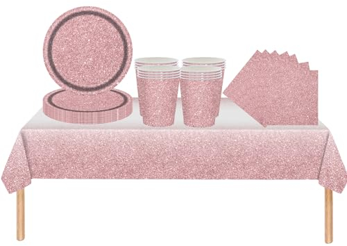 53Pcs Sparkling Rose Gold Party Tableware Decorations for Girls Party Decor,Soild Shinny Rose Birthday Party Table Cloth, Paper Plates 7inch Cups Napkins for Kids Girl Birthday Party Favor