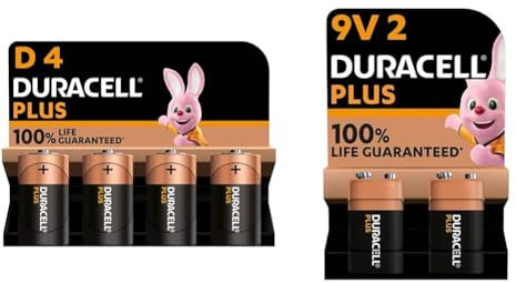 Duracell Plus D Batteries (4 Pack) - Alkaline 1.5V - 100% Life Guaranteed & Plus 9V Batteries (Pack of 2) - Alkaline - 100% Life Guaranteed