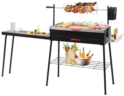 WGOS Charcoal Grill, Portable Charcoal Grills, Rotisserie Grill, Automatic Rotisserie Powered by D Cell, with Side Table and Detachable Legs for BBQ