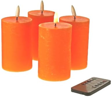 Werner Voss GmbH LED 4 x Kerze orange Wachs 10 x 6,5 cm 3D Timer + Fernbedienung Stumpenkerze
