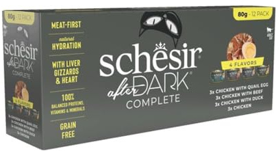 Schesir After Dark, Variety Pack, en Mousse, Alimento Húmedo Completo para Gatos, en Lata, Sin Cereales, Alto en Proteínas, Rico en Hidratación, 12 x 80g