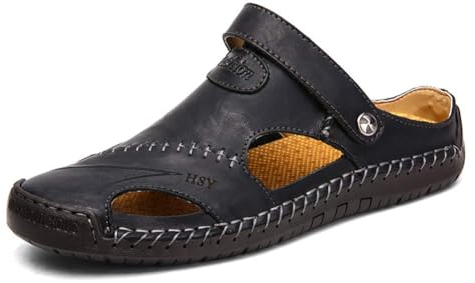 Asifn Herren Leder Sport Sandalen Hausschuhe Outdoor Wandern Schuhe Strand Sportlich Fischer Wandern Sommer Anti-Rutsch Leichte Atmungsaktivität,Schwarz,42 EU