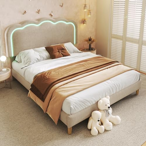 Gemütliches LED Polsterbett 140x200cm in Beige, Leinen-Bezug, verstellbares Puff-Kopfteil, einfache Montage, hohe Tragkraft