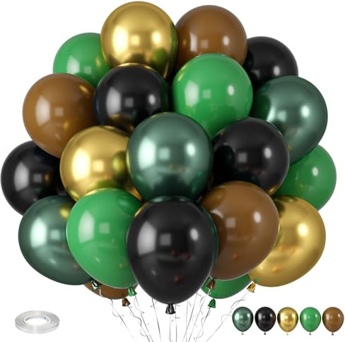 Green and Brown Balloons, Dark Emerald Green Balloon Camouflage Green Black Brown Balloon, Metallic Green Gold Balloons for Camping Game Jungle Theme Camo Birthday Baby Shower Army Party Decorations