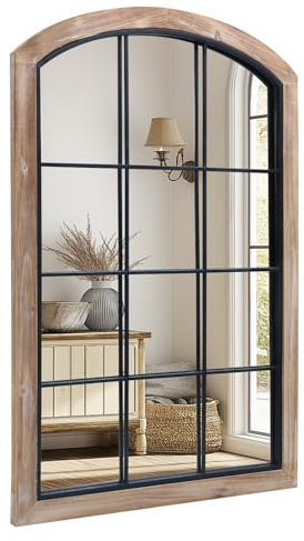 IPOUF Espejo de Ventana de Madera con Arco de Granja, 24 x 36 Pulgadas, Espejo de Pared Decorativo con Marco de Madera, Espejo rústico con Marco Interior de Metal, decoración de Pared para Entrada y