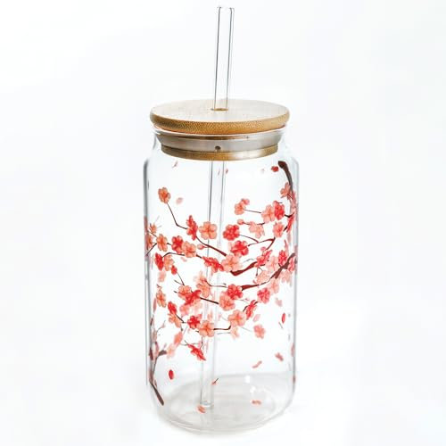 Aesthetic Cherry Blossom Glass Cup with Lid and Straw - Floral Iced Coffee Cup - Cute Latte, Matcha Tumbler 16 oz - Preppy Birthday Gift for Women, Best Friends, Mom, Bridesmaid, Coffee Lover