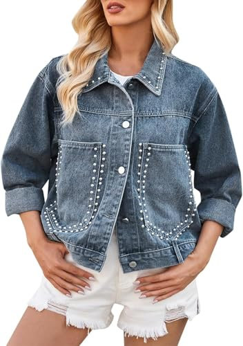 Goolecrimp Damen Knopf Freizeitjacke Lose Langarm Elegant mit Taschen Jeansjacke Lose Lässige Punk Nieten Jeansjacke (blau,XL)