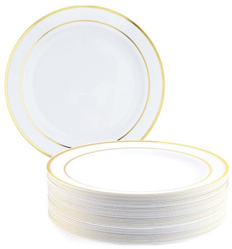 MATANA 50 Assiettes en Plastique Blanc Premium avec Bordure Dorée (26cm) - Assiettes Blanches Solides, Réutilisables et Élégantes pour les Fêtes, les Mariages, les Anniversaires