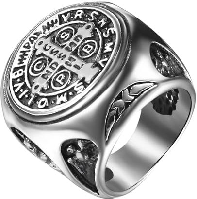 JewelryWe Benedikt Kreuz Ring Herren: Vintage Edelstahl Herren-Ring Heiliger St. Benedict Kreuz Katholischer Exorzismus Siegelringe Dämonschutz Geisterjäger Religiöse Bandring Band Silber Größe 57