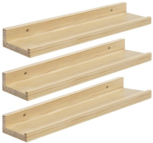 eSituro Lot de 3 Étagère Murale Bois, Étagère Murale, Tablette Murale, Étagère Flottante Murale, avec Bord de Protection, pour Chambre, Salon, Cuisine, Entrée, Couleur Bois Naturel, L40xP10xH4cm