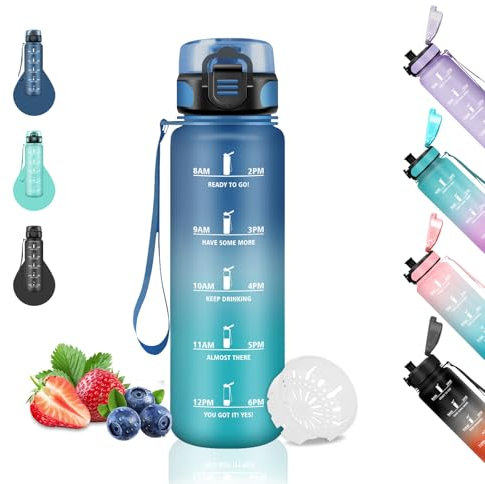 Gourde Enfant, Gourde 500ml, Gourde Graduée pour 1 Journee, Facile à Nettoyer, Gourde Graduée, Gourde Anti Fuite, Gourde Motivation pour Filles, pour l'École, Bureau, Velo, Voyage, Camping, Bleu-Vert