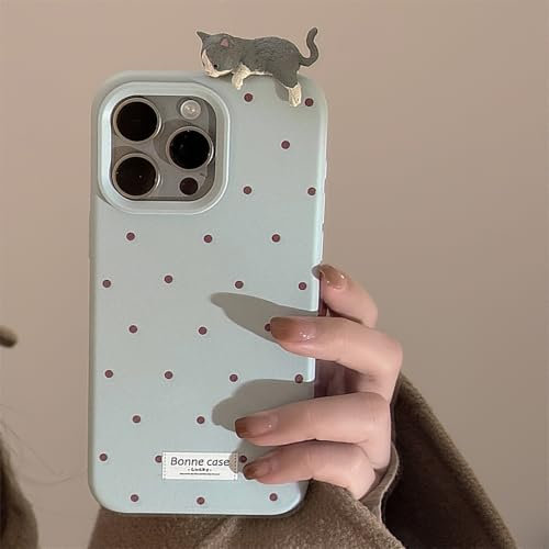 Emlivi Hülle für iPhone 15, Polka Dot Pattern Handyhülle, Flexibel Matt TPU Bumper Cover 3D Cartoon Katze Hülle Stoßfest Schutzhülle Schlanke Stilvolle Case für iPhone 15, Blau