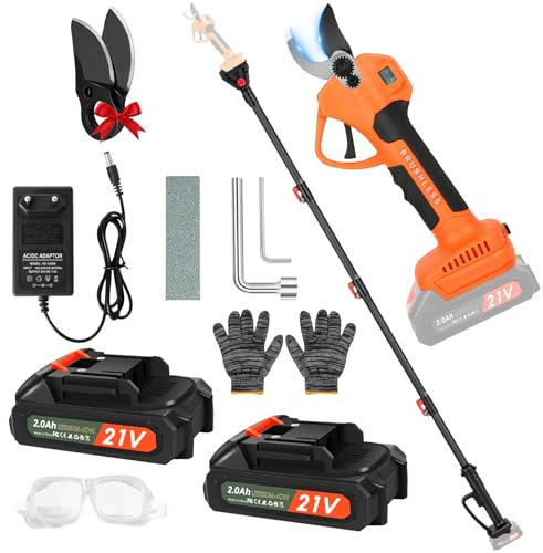 Akku Astschere mit Teleskopstiel 2 m, Elektrische Gartenschere mit Sicherheitsschalter, 2 x 2000mAh Akku, 2 x SK5 - Klingen, LCD Anzeige, Professionelle Elektrogartenscheren zum Baumschneiden
