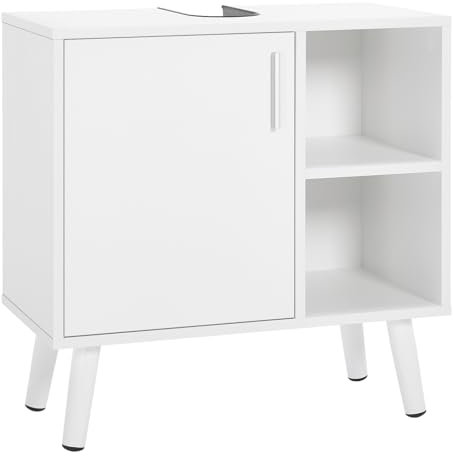 EUGAD Mobile Bagno con Anta, Lavandino con 2 Vani a Giorno, Mobiletto da Bagno Freestanding, Legno Massiccio, Bianco, 60x30x60 cm