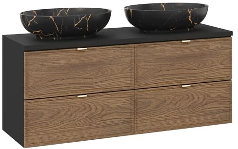 Lomadox Badezimmer Doppelwaschtisch 120 cm breit in Eiche und schwarz, hängend mit 4 Schubladen, 2 Aufsatzwaschbecken schwarz Gold marmoriert