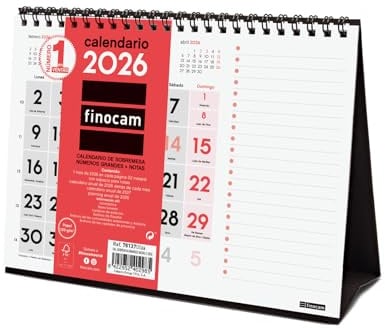 Finocam Wandkalender mit großen Zahlen 2026 und Notizen, Monatsansicht Januar – Dezember 2026 (12 Monate), Kalender 2026, neutraler Monatsplaner – Spanisch