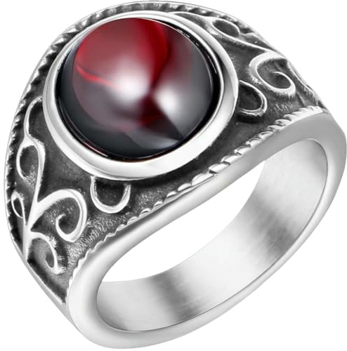 Jpltlvy Herren Titan Stahl Ring Mystischer Granat Roter Stein Urban Statement Schmuck Geschenk für Ihn