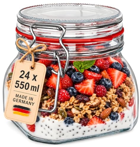 WELLGRO Einmachgläser mit Bügelverschluss eckig, Fermentierglas, Vorratsgläser mit Deckel, Bügelglas - Gläser mit Deckel Made in Germany (550ml x 24 Stück)