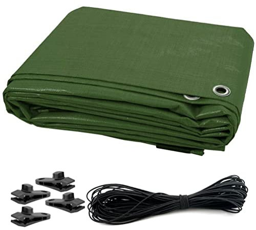 Lona impermeable resistente de 4 x 6 m, para camping, cubierta multiusos para muebles y caravanas, incluye 4 clips de lona y cuerda elástica de 10 m, color verde, 90 GSM
