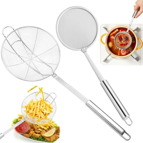 2 Stück Schaumkelle Edelstahl Set,Spinnennetz-Schöpflöffel aus Edelstahl,14 cm Spinnen Sieb Skimmerkelle und 12 cm Feines Sieb Schaumlöffel,für Pommes Frites,Pasta,Fleisch,Meeresfrüchte
