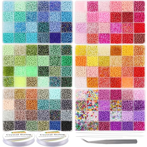 EuTengHao 28800pcs 4mm Multicolor Glass Seed Beads for DIY Bracelet Necklaces Crafting Jewelry Making Supplies with Beading Needles Elastic Strings Tweezers (144 Colors, 200Pcs Per Color)