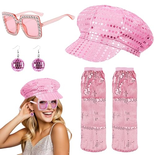 YOUYIKE Disco Accessoires Damen, Stulpen Discokugel Ohrringe Sonnenbrille Pailletten Hut 70 80er Jahre Glitzer Outfit für Fasching Karnevalskostüm Silvester (Rosa)
