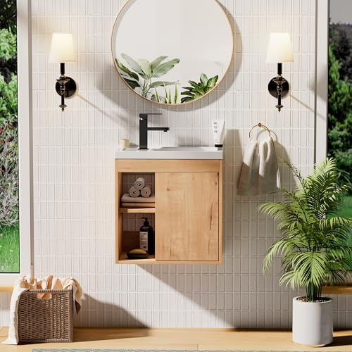UEV 500 mm Wall Mounted Vanity Unit & Resin Wash Basin with Hidden & Open Storage, Natural Wood Slat Finish, Compact Cloakroom Cabinet