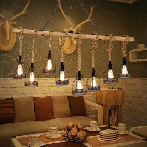 PANNN Suspension Industrielle En Métal E27 Lampe De Table À Manger En Bois Lustre Vintage En Corde Décoration Rustique Maison Convient Pour L'éclairage Salle À Manger Cuisine Du Salon Bar(Eight head)