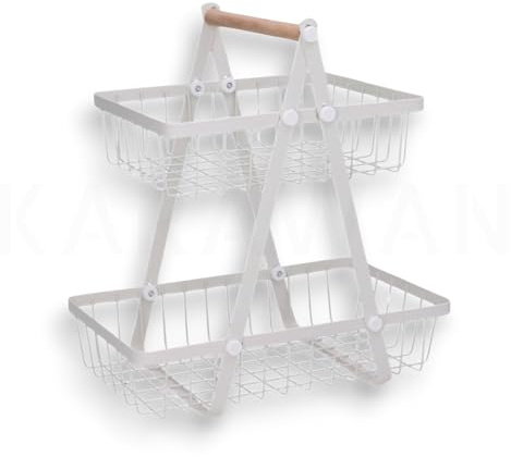 Genérico Frutero de Dos Niveles, Metal Blanco con Asa de Madera, Plegable, 27x17x33 cm, Diseño Moderno para Cocina y Hogar