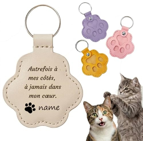 Umitive Porte-clés Personnalisé avec Photo et Nom, Forme de Patte de Chat en Cuir PU, Gravure Effet Croquis Noir et Blanc, Cadeau pour Amoureux des Animaux, Chien et Chat (B)