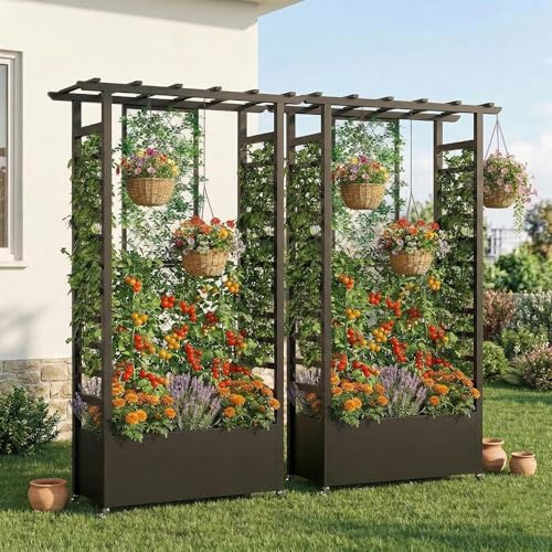 Hochbeet mit Rankgitter und Hängedach, freistehender Metall-Pflanzkasten mit Rollen, mobiler Pflanzkasten für drinnen und draußen für Kletterpflanzen, Blumen, für Garten, Terrasse und Hof