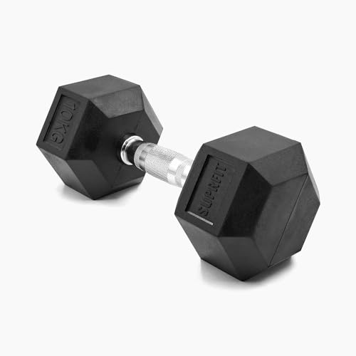 SUPRFIT - Hexagon Kurzhantel einzeln mit gummiertem Eisenkern - Fitness Gewichte Hanteln 1 x 10 kg mit rutschfestem Chromgriff - Premium Kurzhantel für Calisthenics, Krafttraining & Crossfit Übungen