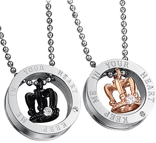 Cupimatch 2PCS Herren Damen Edelstahl Krone Ringe Anhänger Paar Halskette mit Gravur Strass, 55cm Kette