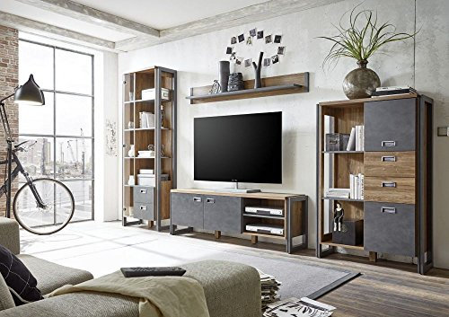 Beauty.Scouts Wohnwand Java Living III,Wohnzimmerschrank, Schrankwand, Medienwand, 4-teiliges Set, Stirling Oak Nachbildung, 340x202x35 cm