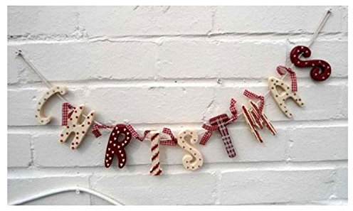 Christmas Garland Banner Tartan Ribbons Wooden Christmas Hanging Decorations Vintage Country Style Bunting Xmas Home Wall Decor