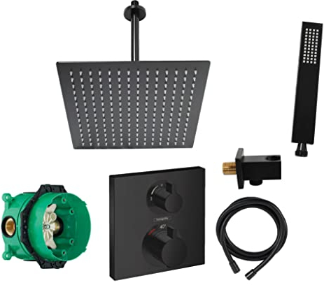 vanvilla Duschsystem mit Unterputz Duscharmatur von Hansgrohe und vanvilla Regendusche mit Armatur, Duschkopf eckig, Dusch-SET HGS04 schwarz matt beschichtet