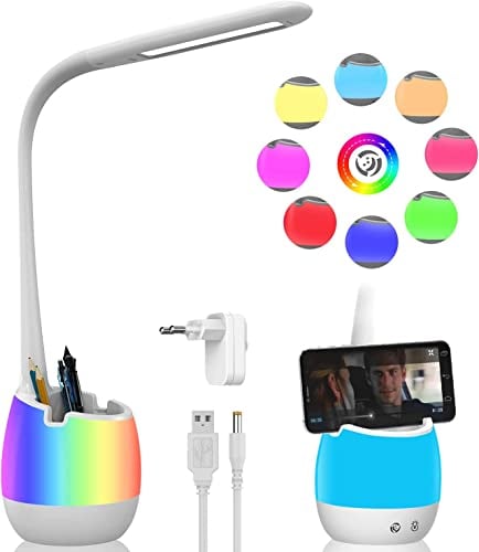ERAY Schreibtischlampe Kinder Jungen/Mädchen, LED Tischlampe Dimmbar, Nachttischlampe Stifthalter/2000mAh Akku/8 Farben Nachtlicht/3 Farbmodi & 3 Helligkeitsstufen/Telefonhalter/Touch Control