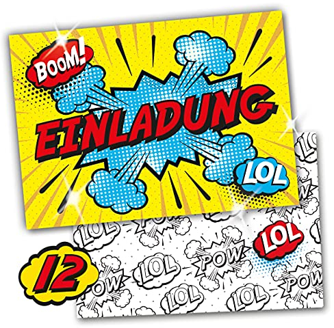POW!!! SUPERHELDEN Comic Einladungskarten mit Hochglanz-Lack für Geburtstag und Party | Einladungen für Kindergeburtstag Jungen | 12 Karten + 12 bedruckte Umschläge