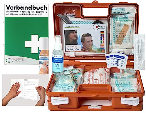 Verbandskoffer/Verbandskasten (K) Typ CS - Erste Hilfe nach aktueller DIN 13157 für Betriebe -DSGVO- INKL. PERFORIERTEM VERBANDBUCH + Hygiene-Gel & Sprühpflaster