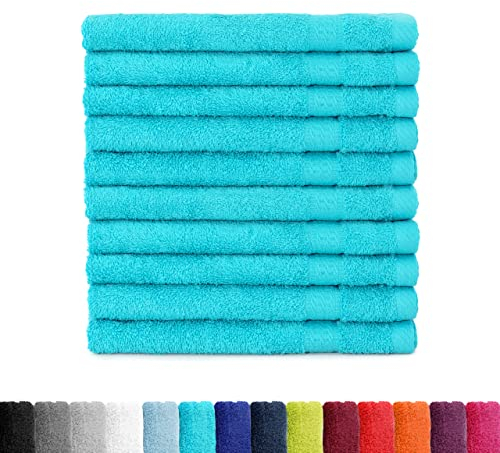 BaSaTex - Handtuch Set für Gäste 10er Pack - Frottee-Handtücher mit Aufhängeschlaufe aus weicher Baumwolle in 30x50cm - Waschtücher für Gäste Öko-Tex Made in Green Zertifiziert - Türkis