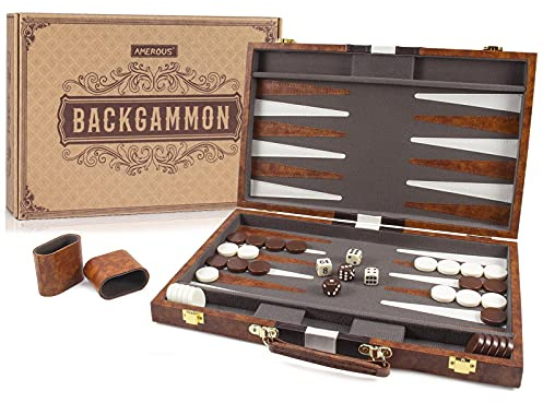 AMEROUS Backgammon Set, 15 Inches Classic Board Game with Leather Case, Folding Board, Gift Package, Portable Travel Strategy Backgammon Game Set for Adults, Kids (Medium, Brown)