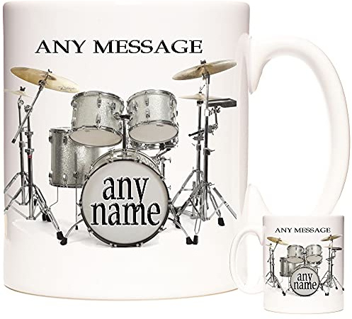 Your Name HERE Drum Mug, Silver Colour Drum Kit. Personalised Drum Kit Drummer Music Rock Band Novelty Gift Mug, Ceramic Gift Mug for Drummers Everywhere. Silver Drum Kit Mug