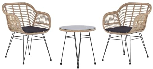 Beliani Balkonset beige/natürlich Rattan/Sicherheitsglas Tisch Sessel schwarz Tropea II