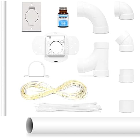 Kit d'Installation 1 à 5 Prise Complet (Coudes, Tuyau, Colle, etc.) Prise Rectangulaire Plastiflex pour Aspirateur Centralisé - Compatibles Toutes Marques Aspiration Centralisé - 2 Ans, Blanc