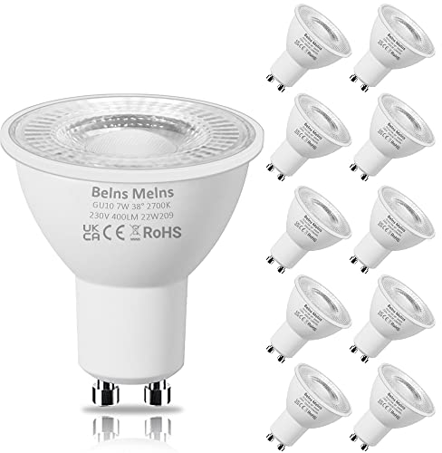 Belns Melns GU10 LED Warmweiss 2700K, Ersatz 50 Watt Halogen, 7W Leuchtmittel LED GU10, 400 Lumen 2700K Warmweiß 38° Strahlwinkel, 10 Stück