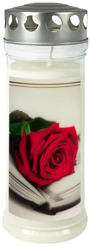 Wochenbrenner mit Motiv: Rose/Buch- Motiv Grabkerze mit Deckel - Gedenkkerze - Grablicht mit langer Brenndauer von bis zu 7 Tagen (Größe: 75 x 210 mm, Brenndauer: bis zu 7 Tagen, 12)
