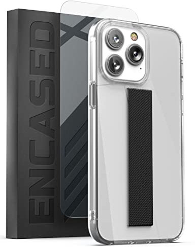 Encased Finger Loop Case Designed for iPhone 14 PRO Case with Hand Strap Phone Holder (Screen Protector Included) - Crystal Clear