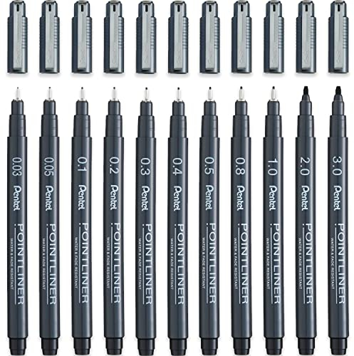 Pentel S20P Pointliner Pigment Liner Technical Drawing Fineliner Pen - Komplettes Schwarz - Schwarze Tinte - 11 Stück