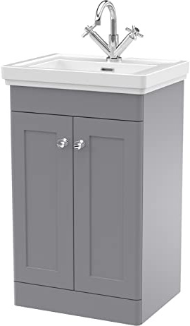 nuie CLC223A Classique Traditional Bathroom Floor Standing 2 Door Vanity Basin Unit with 1 Tap Hole Fireclay Basin, 500mm, Satin Grey
